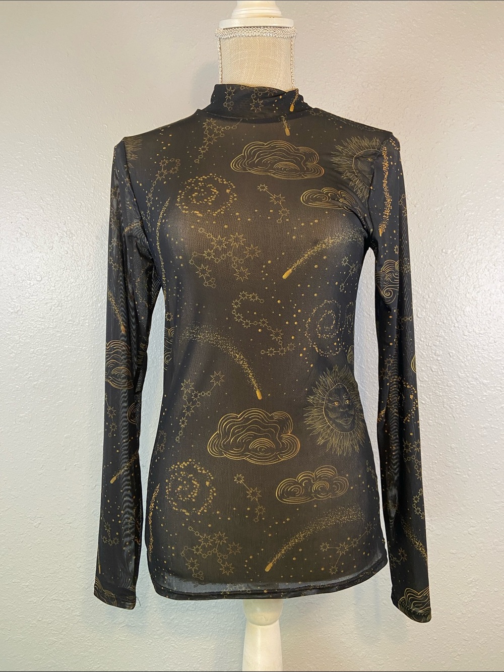 Celestial Whimsigoth Witchy Black Sheer Long Sleeve Blouse Size Large